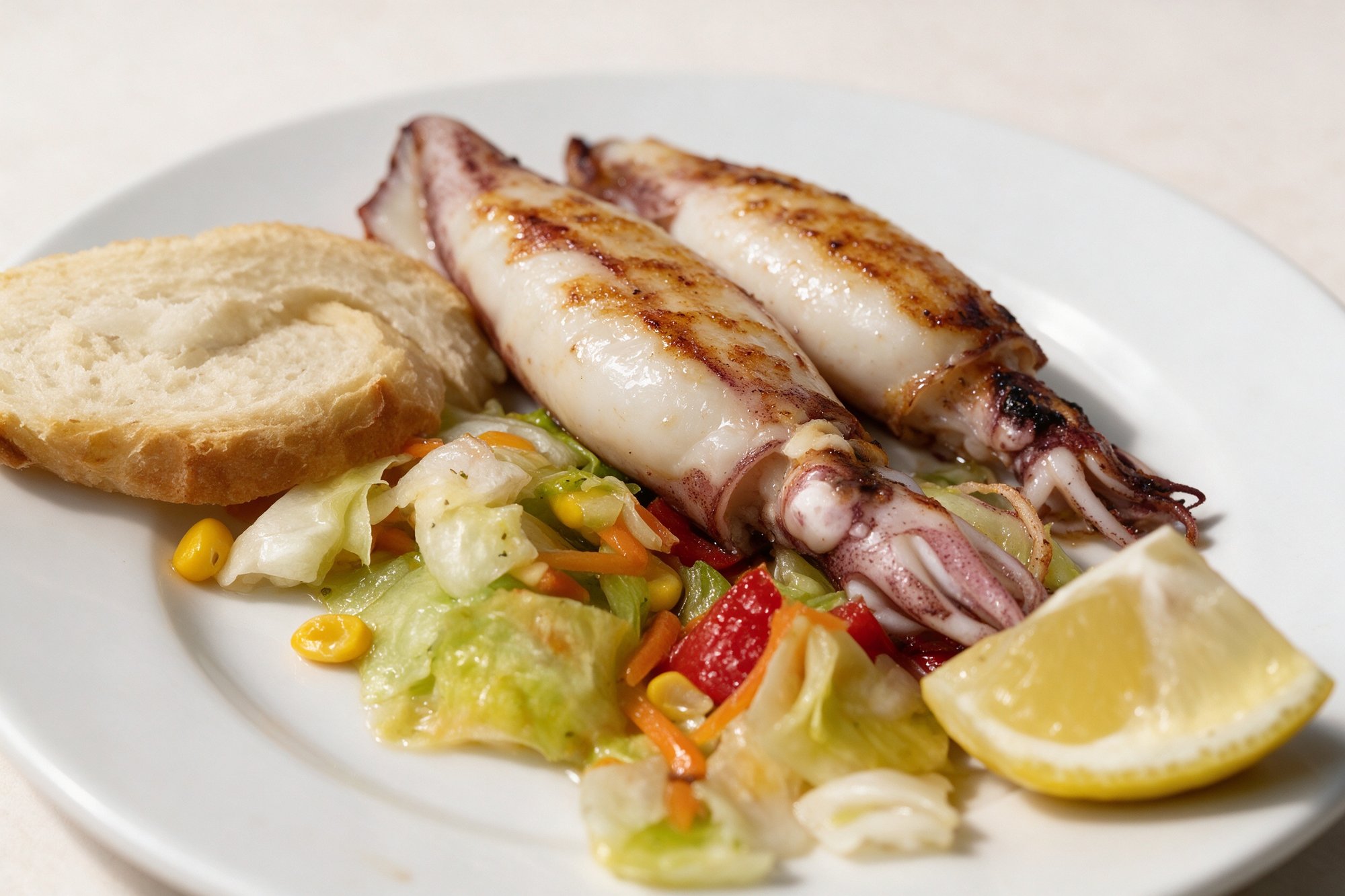 Calamares rellenos a la plancha de Fondeo Playa, servidos con ensalada