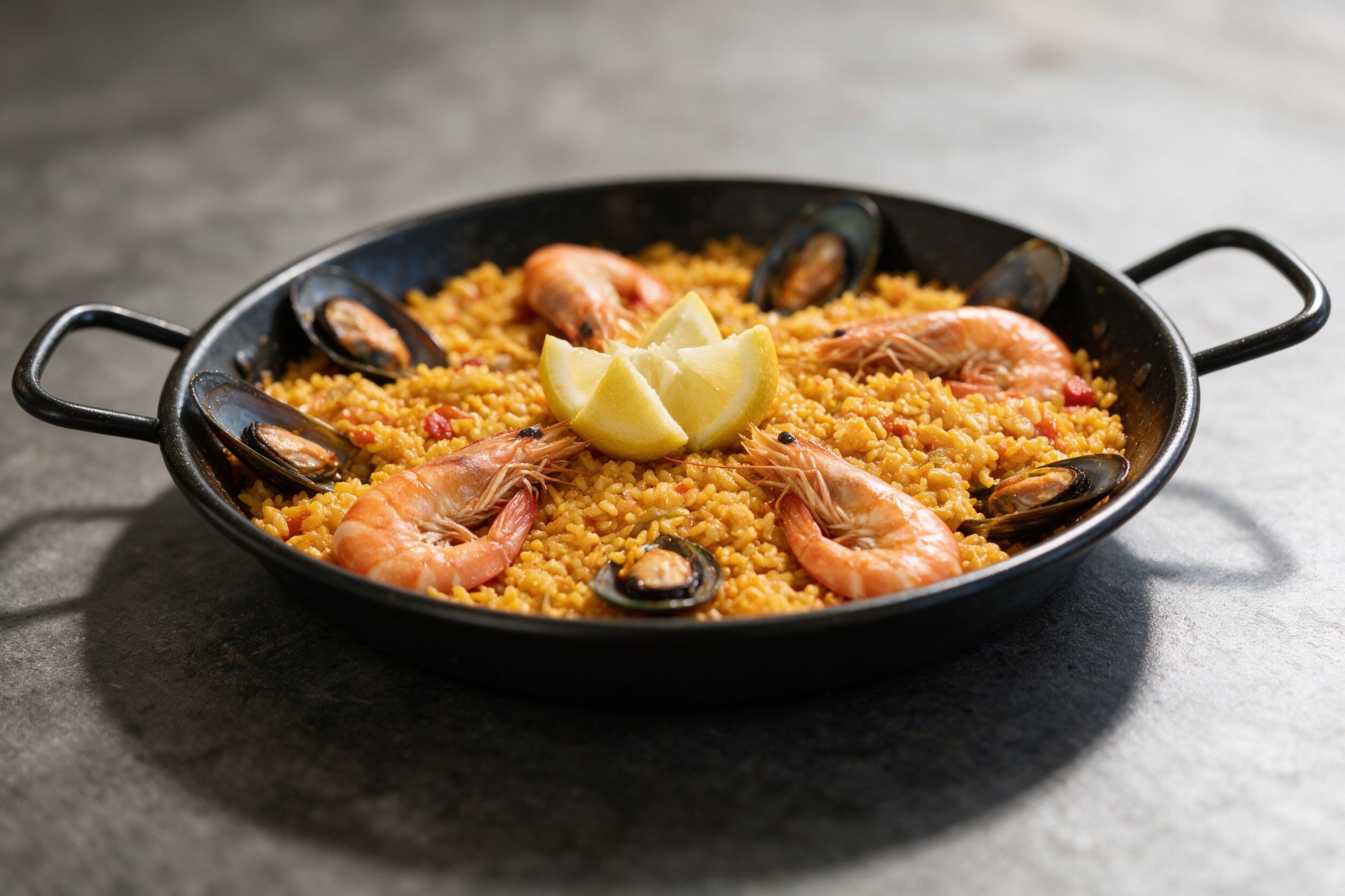 Paella de marisco de Fondeo Playa, con gambas, mejillones y limón