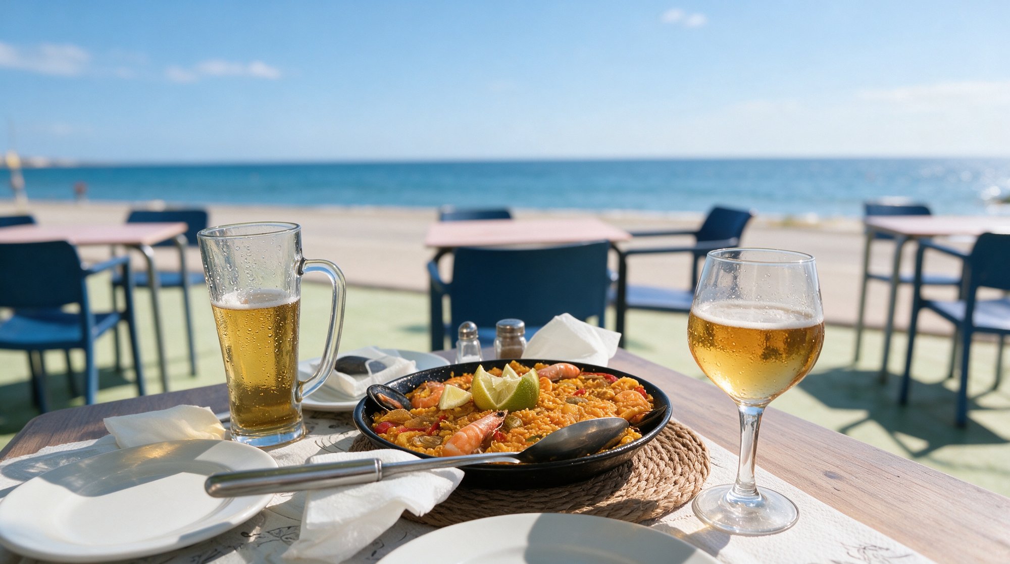 Terraza de Restaurante Fondeo Playa en primera línea de playa en Torrox Costa, mesas bajo el sol cálido frente al mar azul